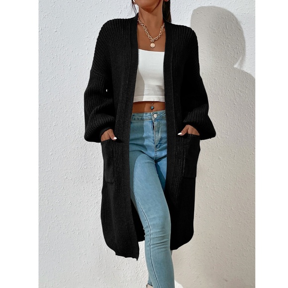 Black Duster Cardigan Front Pockets Cable Knit Long Sleeve Midi Length - Picture 6 of 8